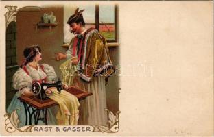 Rast &amp; Gasser varrógép reklám / sewing machine advertisement, Hungarian folklore. Art Nouveau, litho (kis szakadás / small tear)