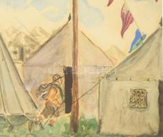 1927 Jamboree cserkész rajz vagy plakátterv, akvarell, ceruza, papír, jelzés nélkül, sérült és hiány...