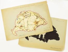 cca 1927 Irredenta iskolai rajz ("Nem nem soha" felirattal) és kézzel rajzolt Magyarország hegy- és vízrajzi térképe, sérült, 33,5x48 cm