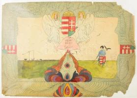 cca 1930 Irredenta iskolai rajz (címerrel és "Nem nem soha" felirattal), sérült, 43x59 cm