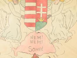 cca 1930 Irredenta iskolai rajz (címerrel és "Nem nem soha" felirattal), sérült, 43x59 cm