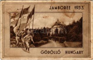 1933 Gödöllő, Cserkész Jamboree, királyi kastély / 4th World Scout Jamboree in Hungary, Hungarian boy scouts with flags, castle (EB)
