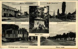 1938 Jászkarajenő, Malom, Fő utca, Ferenc József utca, Hősök szobra, Ceglédkörnyéki Gazdasági Vasút kisvasútja a Rákóczi térnél. Kanyó Albert kiadása (EK)