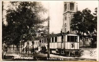 1938 Jászkarajenő, Rákóczi tér, vasútállomás, templom, Ceglédkörnyéki Gazdasági Vasút kisvasútja. photo (EK)