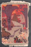 Jelzés nélkül, feltehetően távol-keleti (japán?) alkotó: Hazafelé. Monotípia, papír. Sérült. Lap teteje papírra kasírozva. 35x24 cm