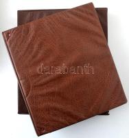 Barna színű műbőr négygyűrűs érmetartó album 7db berakólappal (4x5 férőhelyes, egyenként ~50x50mm összesen 140db érme számára) tokban. Használt, sérült, ragasztott állapotban.