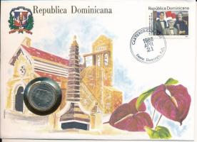 Dominikai Köztársaság 1984. 25c Cu-Ni érmés borítékon bélyeggel, bélyegzéssel, német nyelvű leírással T:UNC Dominican Republic 1984. 25 Centavos Cu-Ni in coin letter with stamp and cancellation, and with description in German C:UNC