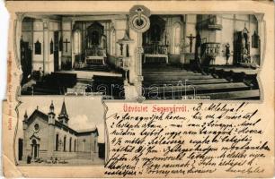 1906 Segesvár, Schässburg, Sighisoara; szentély, Jézus szíve kápolna, főoltár, Mária kápolna, római katolikus templom, belső. Szabó Jenő fényképész kiadása / church, altar, chapel, interior. Art Nouveau (r)