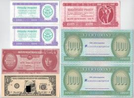 1995. "Hungária Biztosító" reklámanyag az 1000Ft-os mintájára (2x) + DN "Caligula Night Club" kupon 1500Ft értékben + "Képes Hirdető" kupon 100Ft értékben + USA DN 1$ "pornó" + "Paramount Hungária Amerikai-Magyar Kft. - Magyar Autóklub referencia műhely" vásárlási utalvány 500Ft értékben (2x) T:UNC,AU