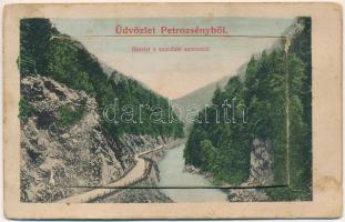 1909 Petrozsény, Petroseni, Petrosani; Részlet a Szurduki-szorosból. Leporello, 10 db mini képpel, benne: bánya, szénosztályozó, nyugati főtárna, Templom utca, Boli barlang, vasútállomás, havasi oláhok, határhíd Magyarország és Románia között. Herz Henrik kiadása 169. / Pasul Surduc. Leporello with 10 mini images, inside: mine, coal classification plant, Church street, cave, railway station, vlachs, border-bridge between Hungary and Romania (fl)