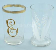 cca 19. sz. közepe - második fele, 2 darab pohár, zománcfestett, egyik monogramos, pattogzással, m: 10-10,5 cm