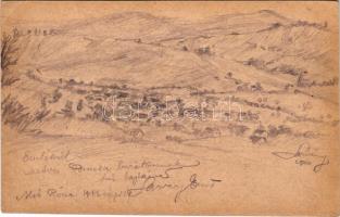 1916 Alsóróna, Rona de Jos; látkép, KÉZI RAJZ tábori postai levelezőlapon / general view, HAND DRAWN WWI K.u.k. military field postcard (EK)