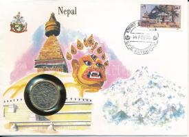 Nepál 1979. 1R felbélyegzett borítékban, ENSZ bélyegzéssel, német nyelvű leírással T:UNC boríték ragasztása elengedett Nepal 1979. 1 Rupee in envelope with United Nations stamp and cancellation, with German description C:UNC the glue of the envelope released