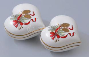 Hollóházi 2 darab karácsonyi mintás szív alakú bonbonier, jelzett, hibátlan, 8x7 cm