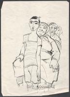 Szőnyi Gyula (1919-2014): Sorban állók.. Tus, papír, jelzett. Lapszéli hajtásnyomokkal. 28,5x20,5 cm