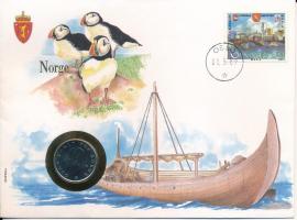 Norvégia 1988. 1K Cu-Ni felbélyegzett borítékban, első napi bélyegzős ENSZ bélyegzéssel, német nyelvű leírással T:AU Norway 1988. 1 Krone Cu-Nni in envelope with first day of issue United Nations stamp and cancellation, with German description C:AU