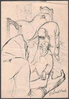 Szőnyi Gyula (1919-2014): Jelenet, 1945-48 körül. Tus, papír, jelzett. Hajtásnyommal. 29,5x21 cm