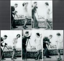 cca 1922 Öt felvételből álló mini képregény arról, hogy a kikapós menyecske majdnem mindent megmutat a kíváncsi fényképésznek, 5 db modern nagyítás, jelzés nélkül, 15x10 cm