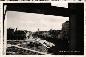 1942 Kolozsvár, Cluj; Deák Ferenc úti részlet, Dr. Biró gyógyszertár, városháza, üzletek / street, pharmacy, town hall, shops (EK)