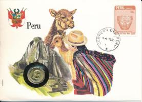 Peru 1984. 100S sárgaréz felbélyegzett borítékban, ENSZ bélyegzéssel, német nyelvű leírással T:UNC Peru 1984. 100 Soles Brass in envelope with United Nations stamp and cancellation, with German description C:UNC