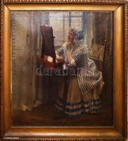 Pap Emil (1884-1955): Lány tükörrel. Olaj, vászon. Jelezve balra lent. Hátoldalán 1930 körüli Ernst Múzeum aukciói raglappal. Apró felületi sérülésekkel, kopásokkal. Korabeli, sérült fakeretben. 90×81 cm. KIZÁRÓLAG SZEMÉLYES ÁTVÉTEL, NEM POSTÁZZUK! / oil on canvas, signed lower left, with veríy minor surface damages. ONLY PERSONAL COLLECTION AT OUR OFFICE!