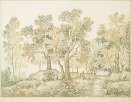 Molnár Gabriella (1940-): Liget. Rézkarc, papír. Jelzett, számozott (19/100). 29×39 cm. Üvegezett fakeretben.