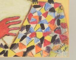 Hollóné Nagy Margit (-): Kalapos hölgy macskával. Vegyes technika, papír. Jelzett. 38,5×28 cm. Üvege...