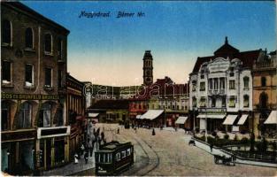Nagyvárad, Oradea; Bémer tér, villamos, Erdős és Grünfeld, Lőrincz, Neumann M. üzlete / square, tram, shops (kopott sarok / worn corner)