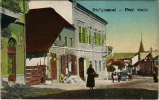 Bánffyhunyad, Huedin; Fő tér, Goldstein Bernát, Diamantstein üzlete. Fogyasztási szövetkezet kiadása / main square, shops (fl)