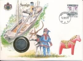 Svédország 1988. 1Kr Cu-Ni felbélyegzett borítékban, ENSZ bélyegzéssel, német nyelvű leírással T:UNC Sweden 1988. 1 Krona Cu-Ni in envelope with United Nations stamp and cancellation, with German description C:UNC