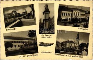 1940 Jászberény, Lehel szálló, Gróf Apponyi Albert szobra, Városháza, M. kir. postahivatal, parkrészlet a r. k. plébániával. Dobóczky László kiadása (kopott sarkak / worn corners)