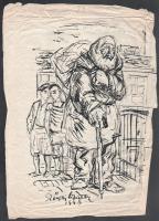 Szőnyi Gyula (1919-2014): Gyerekek és öregapó. Tus, papír, jelzett. Lapszéli kisebb sérülésekkel, hajtásnyommal. 34,5x24,5 cm