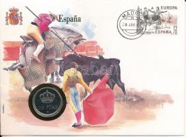 Spanyolország 1984. 25P felbélyegzett borítékban, első napi bélyegzős ENSZ bélyegzéssel, német nyelvű leírással T:UNC Spain 1984. 25 Pesetas in envelope with first day of issue United Nations stamp and cancellation, with German description C:UNC