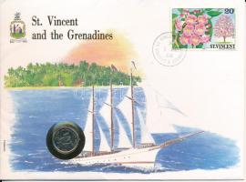Kelet-Karibi Államok / Saint Vincent &amp; The Grenadines 1986. 10c felbélyegzett borítékban, első napi bélyegzős ENSZ bélyegzéssel, német nyelvű leírással T:UNC East Caribbean States / Saint Vincent &amp; The Grenadines 1986. 10 Cents in envelope with first day of issue United Nations stamp and cancellation, with German description C:UNC