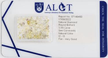 Egy doboznyi gyémánt, összesen 3,55 ct, kerek csiszolásúak, kb 80 db ALGT tanúsítvánnyal