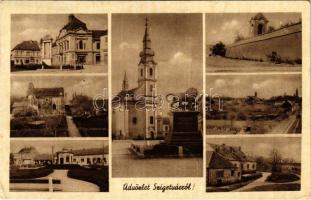 1948 Szigetvár, látkép, városháza, templom, vár, szobor (gyűrődés / crease)