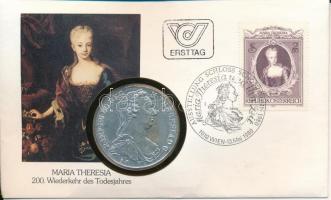 Ausztria 1780SF Tallér Ag "Mária Terézia" utánveret felbélyegzett, első napi bélyegzéses borítékban T:AU patina Austria 1780SF Thaler Ag "Maria Theresia" restrike in first day of issue envelope C:AU patina Krause KM#T1