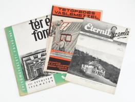 cca 1930-1939 3 db építészeti témájú kiadvány: Tér és Forma építőművészeti folyóirat III. évf. 5. száma, 1930. május, a borító Kaesz Gyula munkája + Eternit Szemle VI. évf. 1. szám, 1939. február + Tetőfedés vaslemezzel, képes ismertető prospektus. Változó állapotban, sérülésekkel.