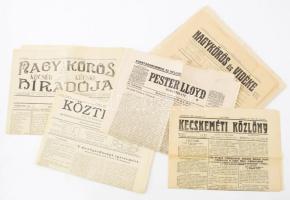 cca 1930 Újsággyűjtemény: Nagykőrös, Kocsér, Kécske híradója. Társadalmi-politikai-közgazdasági-szépirodalmi-sportlap. II. évf. + Köztelek, Kecskeméti közlöny, Pester Lloyd, Nagykőrös és vidéke, Kőrösvidék, Nagy-kőrös 1892., Esztergomi közlöny, Ceglédi kisgazda, Nemzeti figyelő egy-egy száma