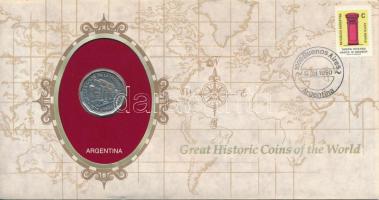 Argentína 1966. 10P Ni-acél "Great Historic Coins of the World" felbélyegzett borítékban, bélyegzéssel T:AU Argentina 1966. 10 Pesos Ni-steel "Great Historic Coins of the World" in envelope with stamped stamp C:AU