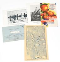 cca 1930 5 db klf nyomtatvány: Debrecen térkép, Gyümölcspermet, Baross szövetség nagygyűlés meghívó, Endre László nyomat, Gyóni Géza sírja