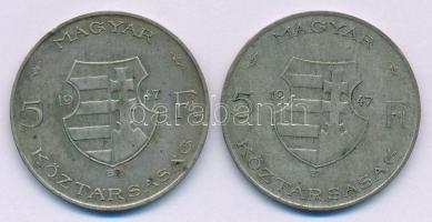 1947. 5Ft Ag "Kossuth" (2x) T:XF,VF patina Adamo F8.1