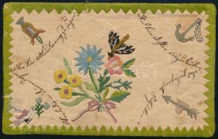 cca 1850-1890 Emléklap, kézzel rajzolt és hímzett, papír, kétoldalas. Olvashatatlan (német ny. ?) feliratokkal. 9,5x15 cm. Szélén kissé sérült és foltos.