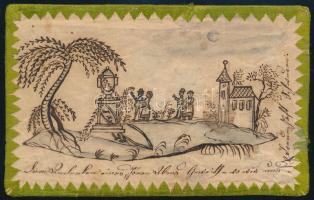 cca 1850-1890 Emléklap, kézzel rajzolt és hímzett, papír, kétoldalas. Olvashatatlan (német ny. ?) fe...