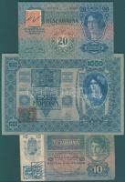 1902-1915. 3 klf bankjegy 10K, 20K, 1000K cseh ellenbélyegekkel T:II+,II,III