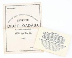 cca 1928 Soroksár hősi emlékmű avatási meghívó + Levente díszelőadás meghívó 4 p.
