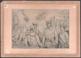 Somodi László (1919-1995): Harcban az ellenforradalmárokkal. Rézkarc, papír, jelzett, lap széle sérült, 19×29 cm