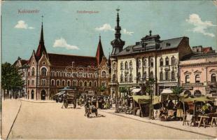 1914 Kolozsvár, Cluj; Széchenyi tér, piac, Vlad János, Gergely, Wertheimer Vilmos, Singer és Társa üzlete, biztosító intézet / square, market, shops, insurance company (Rb)