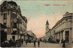 1908 Lugos, Lugoj; Templom utca, kávéház, üzletek. Auspitz Adolf kiadása / street view, café, shops (EM)