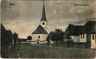 Kibéd, Chibed (Maros, Mures); Református templom. Fogyasztási szövetkezet kiadása / Calvinist church (ázott sarok / wet corner)